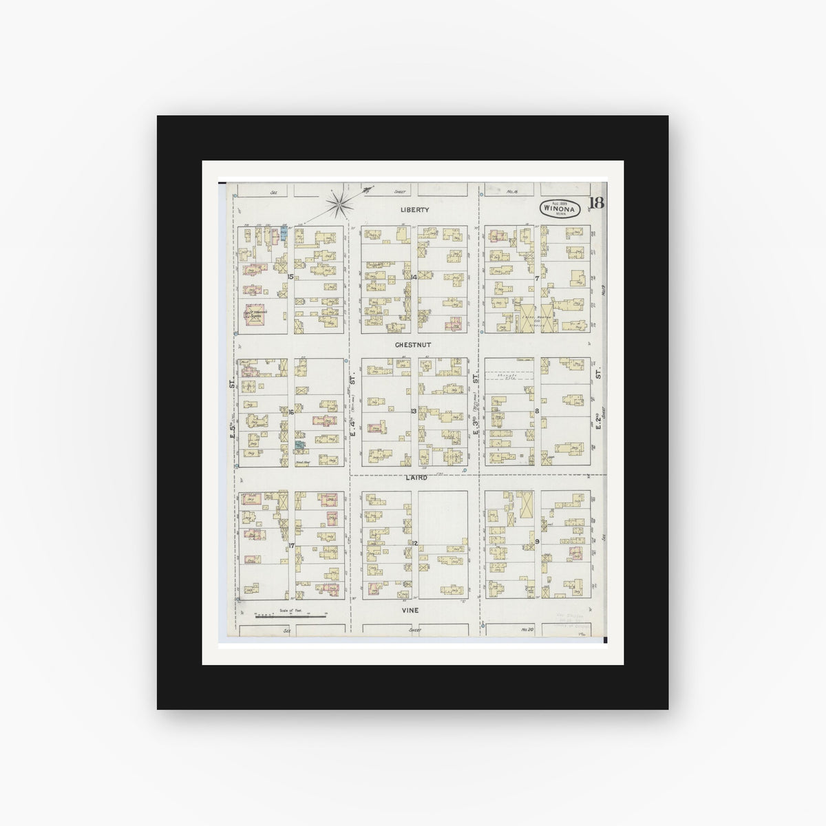 Old map wall art mockup — black gallery frame with white mat — Sanborn Fire Insurance Map from Winona, Winona County, Minnesota (1889), Sheet #0018