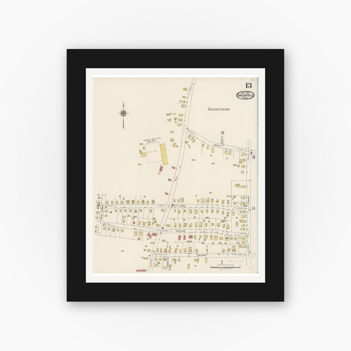 Old map wall art mockup — black gallery frame with white mat — Sanborn Fire Insurance Map from Greenfield, Franklin County, Massachusetts (1922), Sheet #0013