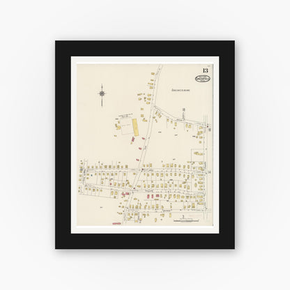 Old map wall art mockup — black gallery frame with white mat — Sanborn Fire Insurance Map from Greenfield, Franklin County, Massachusetts (1922), Sheet #0013