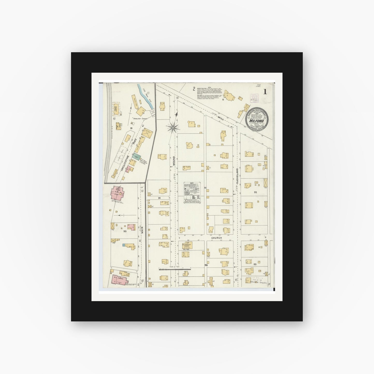 Old map wall art mockup — black gallery frame with white mat — Sanborn Fire Insurance Map from Milford, Clermont And Hamilton County, Ohio (1905), Sheet #0001