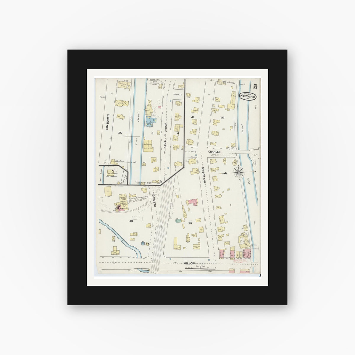 Old map wall art mockup — black gallery frame with white mat — Sanborn Fire Insurance Map from Newark, Wayne County, New York (1890), Sheet #0005