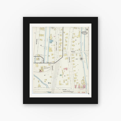Old map wall art mockup — black gallery frame with white mat — Sanborn Fire Insurance Map from Newark, Wayne County, New York (1890), Sheet #0005