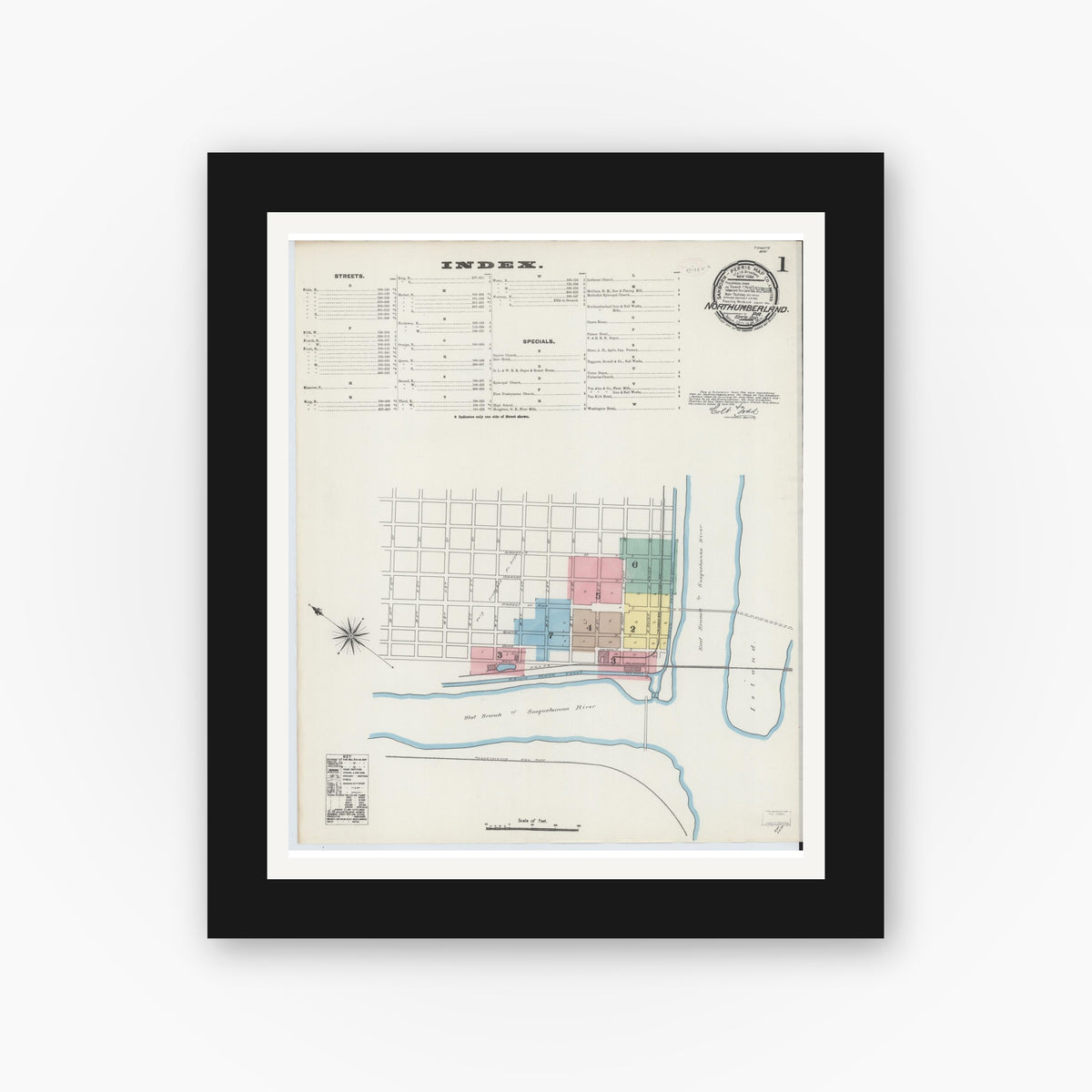 Old map wall art mockup — black gallery frame with white mat — Sanborn Fire Insurance Map from Northumberland, Northumberland County, Pennsylvania (1890), Sheet #0001