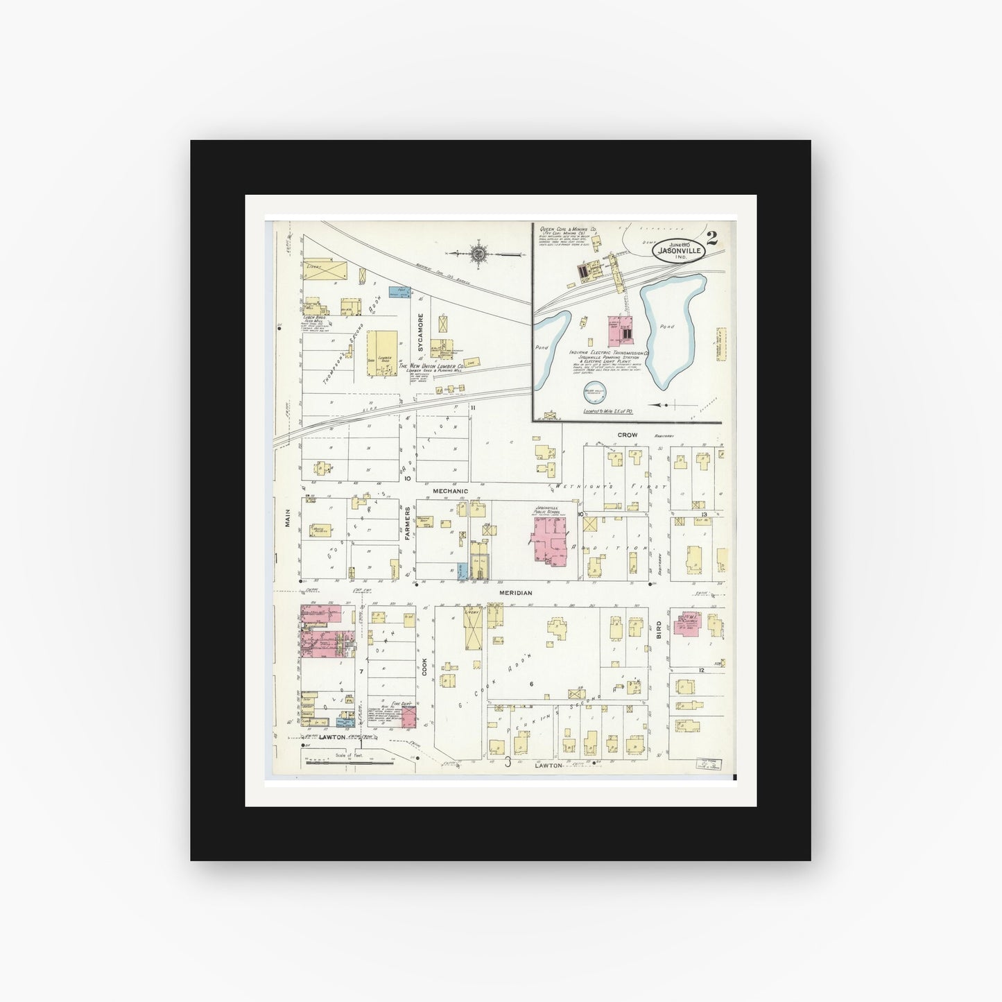 Old map wall art mockup — black gallery frame with white mat — Sanborn Fire Insurance Map from Jasonville, Greene County, Indiana (1910), Sheet #0002