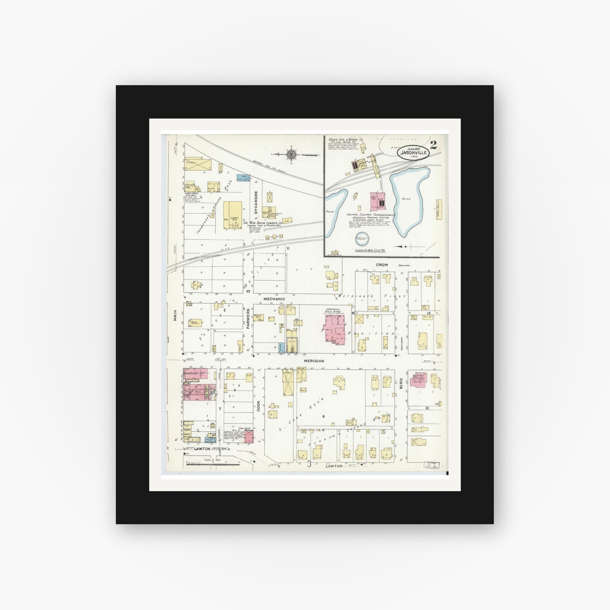 Old map wall art mockup — black gallery frame with white mat — Sanborn Fire Insurance Map from Jasonville, Greene County, Indiana (1910), Sheet #0002