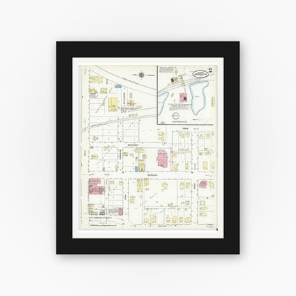 Old map wall art mockup — black gallery frame with white mat — Sanborn Fire Insurance Map from Jasonville, Greene County, Indiana (1910), Sheet #0002