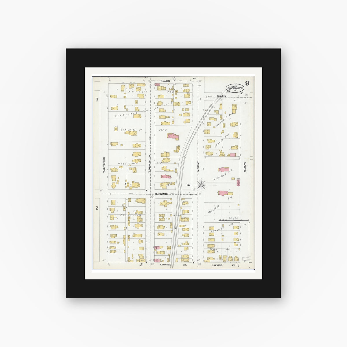 Old map wall art mockup — black gallery frame with white mat — Sanborn Fire Insurance Map from Bloomington, McLean County, Illinois (1901), Sheet #0009