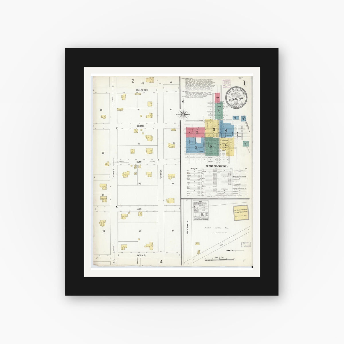 Old map wall art mockup — black gallery frame with white mat — Sanborn Fire Insurance Map from Decatur, Wise County, Texas (1907) - Complete Map Set