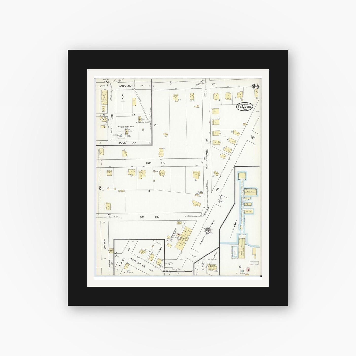 Old map wall art mockup — black gallery frame with white mat — Sanborn Fire Insurance Map from Fort Myers, Lee County, Florida (1914), Sheet #0009