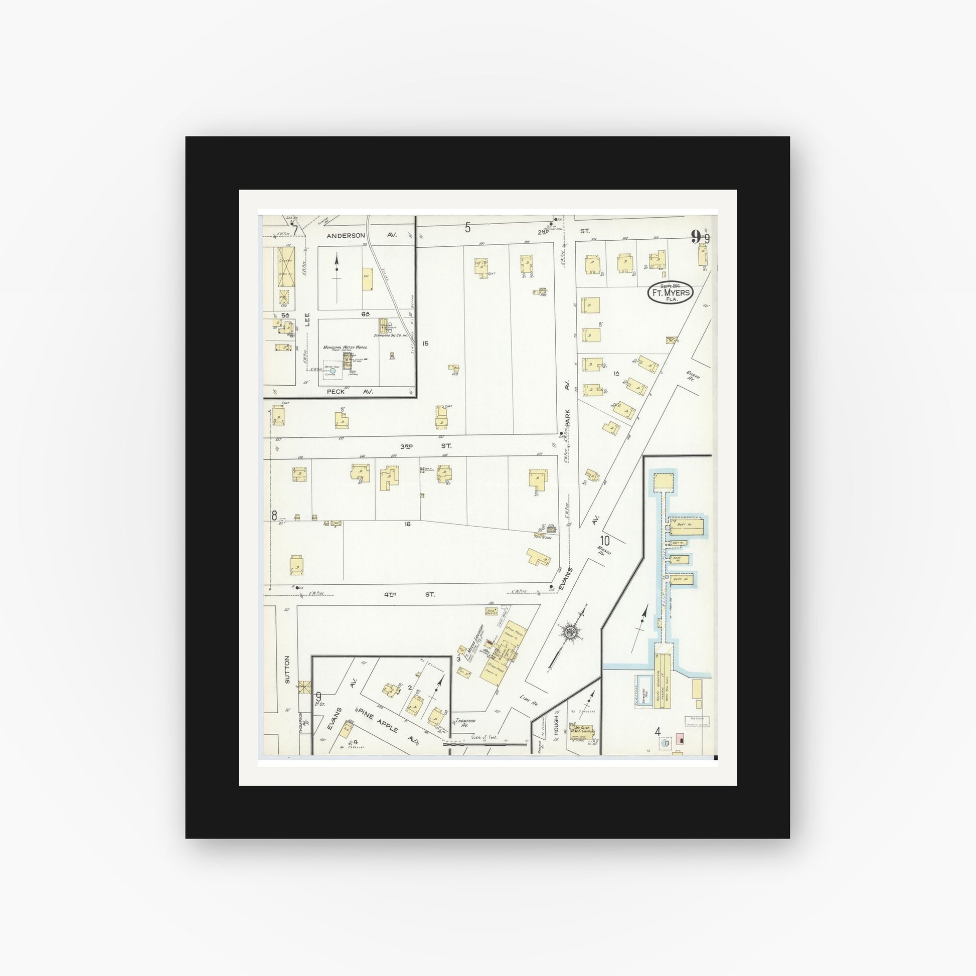 Old map wall art mockup — black gallery frame with white mat — Sanborn Fire Insurance Map from Fort Myers, Lee County, Florida (1914), Sheet #0009