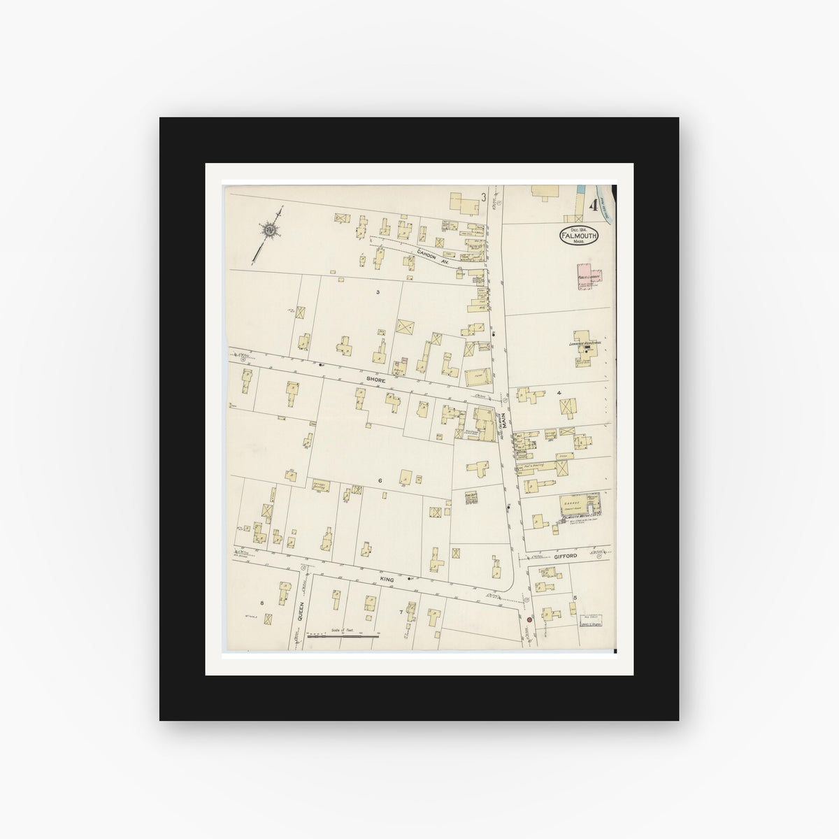 Old map wall art mockup — black gallery frame with white mat — Sanborn Fire Insurance Map from Falmouth, Barnstable County, Massachusetts (1914), Sheet #0004