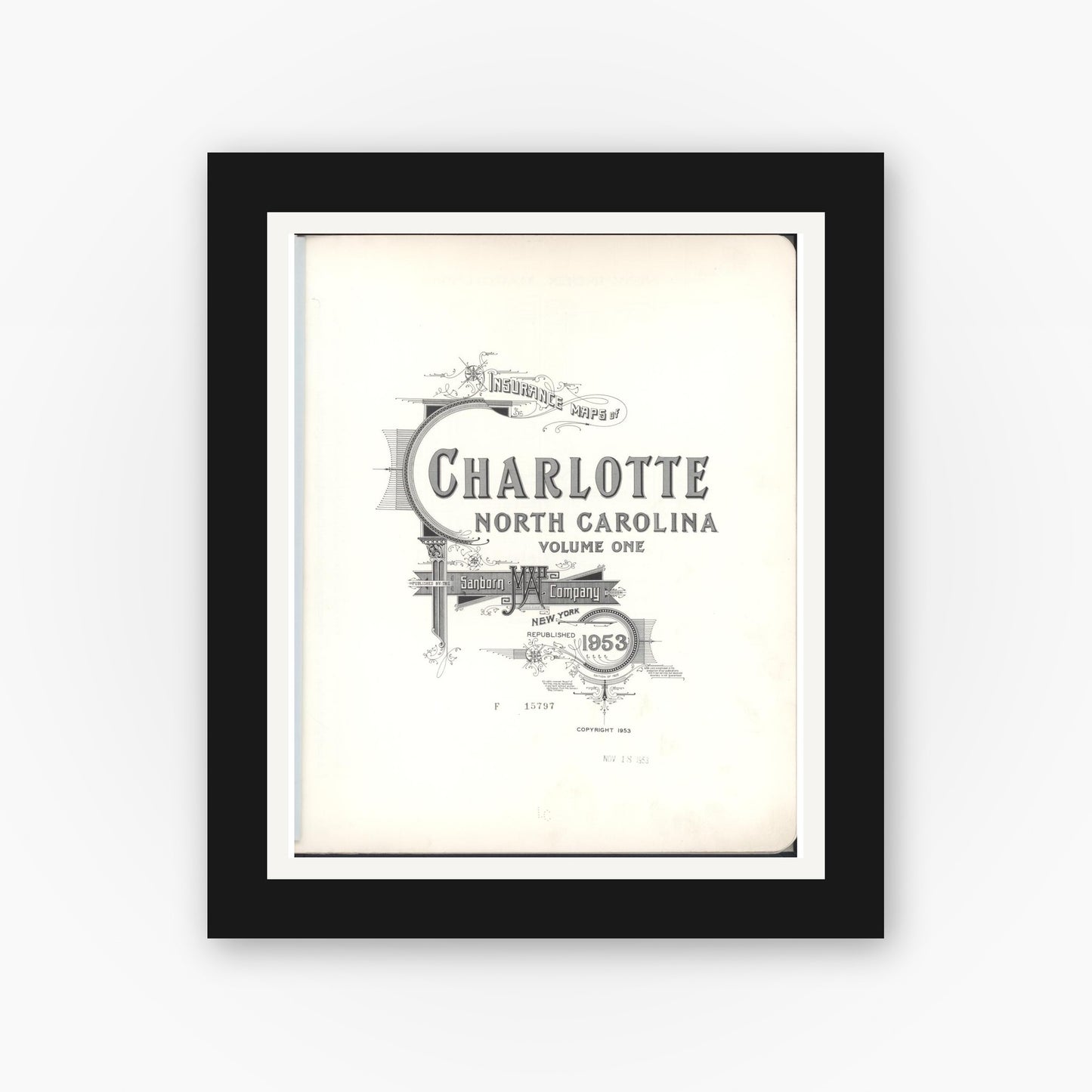 Old map wall art mockup — black gallery frame with white mat — Sanborn Fire Insurance Map from Charlotte, Mecklenburg County, North Carolina (1953), Sheet #0001