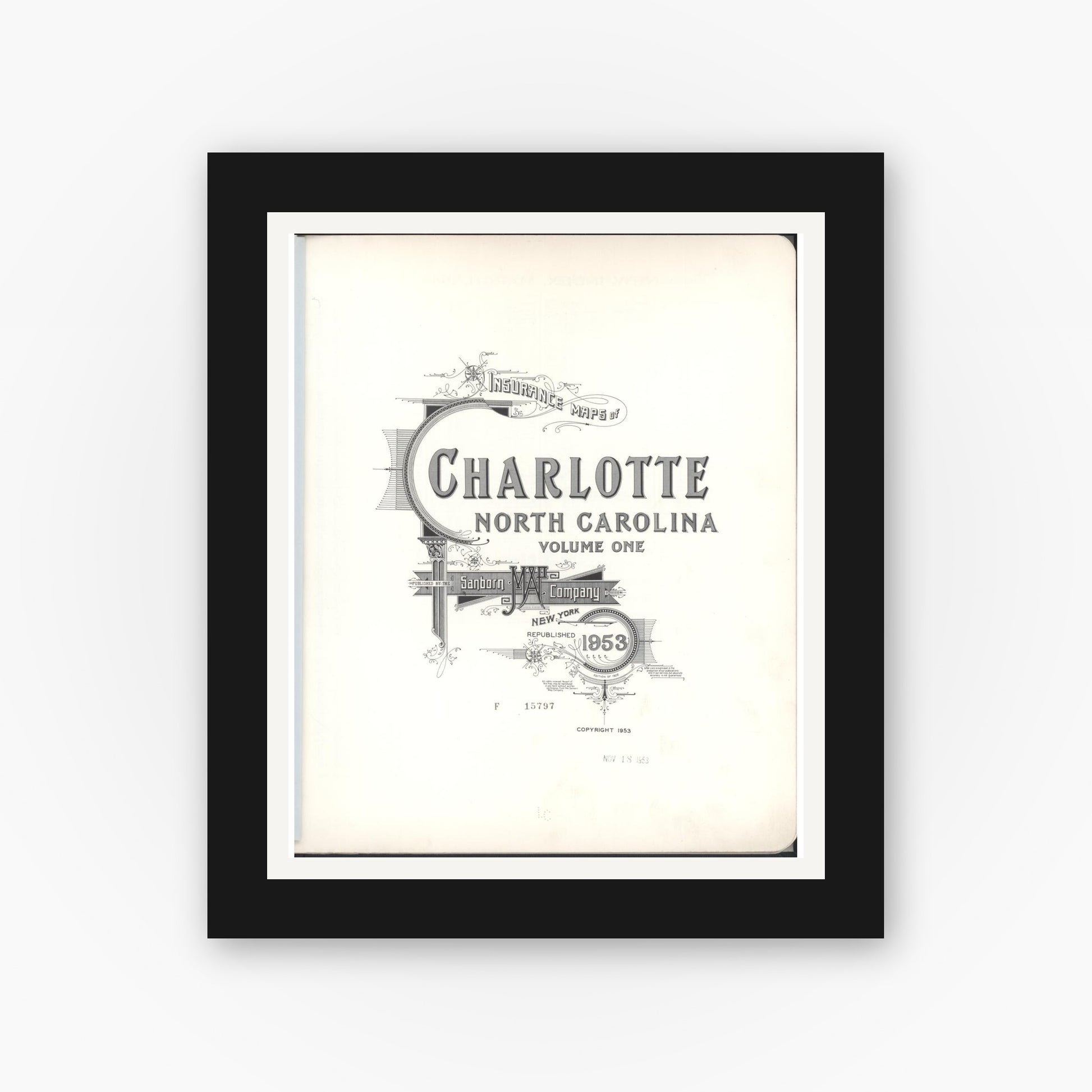 Old map wall art mockup — black gallery frame with white mat — Sanborn Fire Insurance Map from Charlotte, Mecklenburg County, North Carolina (1953), Sheet #0001