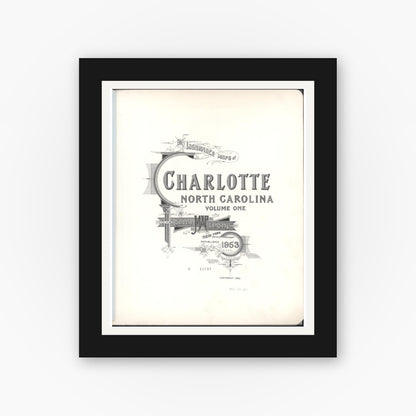 Old map wall art mockup — black gallery frame with white mat — Sanborn Fire Insurance Map from Charlotte, Mecklenburg County, North Carolina (1953), Sheet #0001