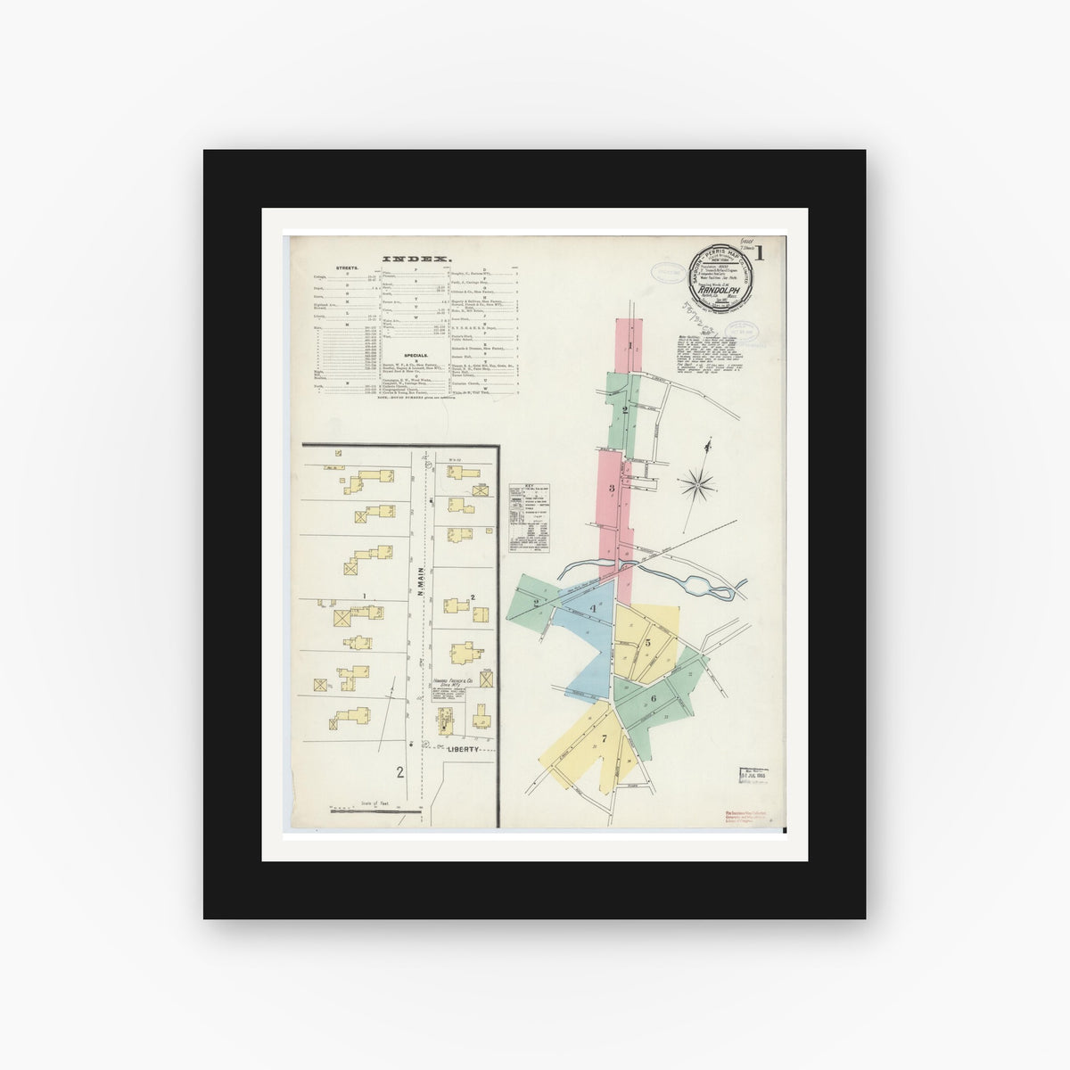 Old map wall art mockup — black gallery frame with white mat — Sanborn Fire Insurance Map from Randolph, Norfolk County, Massachusetts (1897) - Complete Map Set