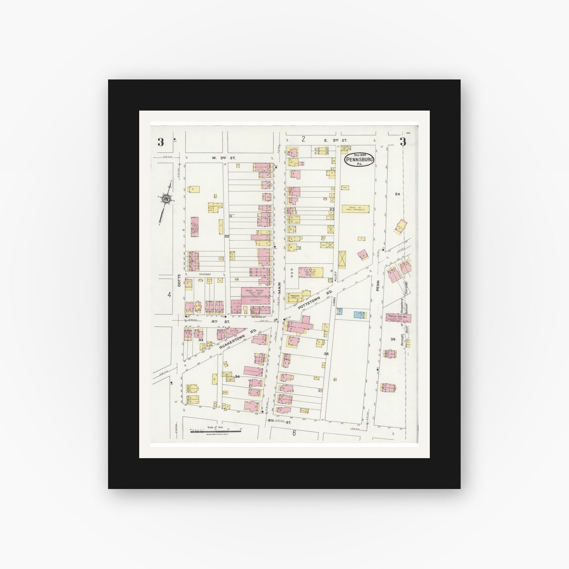 Old map wall art mockup — black gallery frame with white mat — Sanborn Fire Insurance Map from Pennsburg, Montgomery County, Pennsylvania (1924), Sheet #0003
