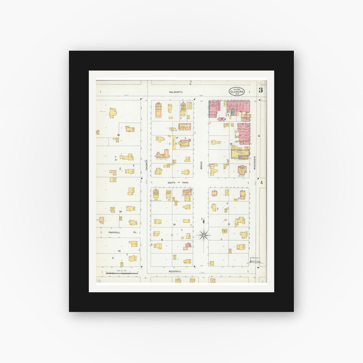 Old map wall art mockup — black gallery frame with white mat — Sanborn Fire Insurance Map from Elkhorn, Walworth County, Wisconsin (1904), Sheet #0003