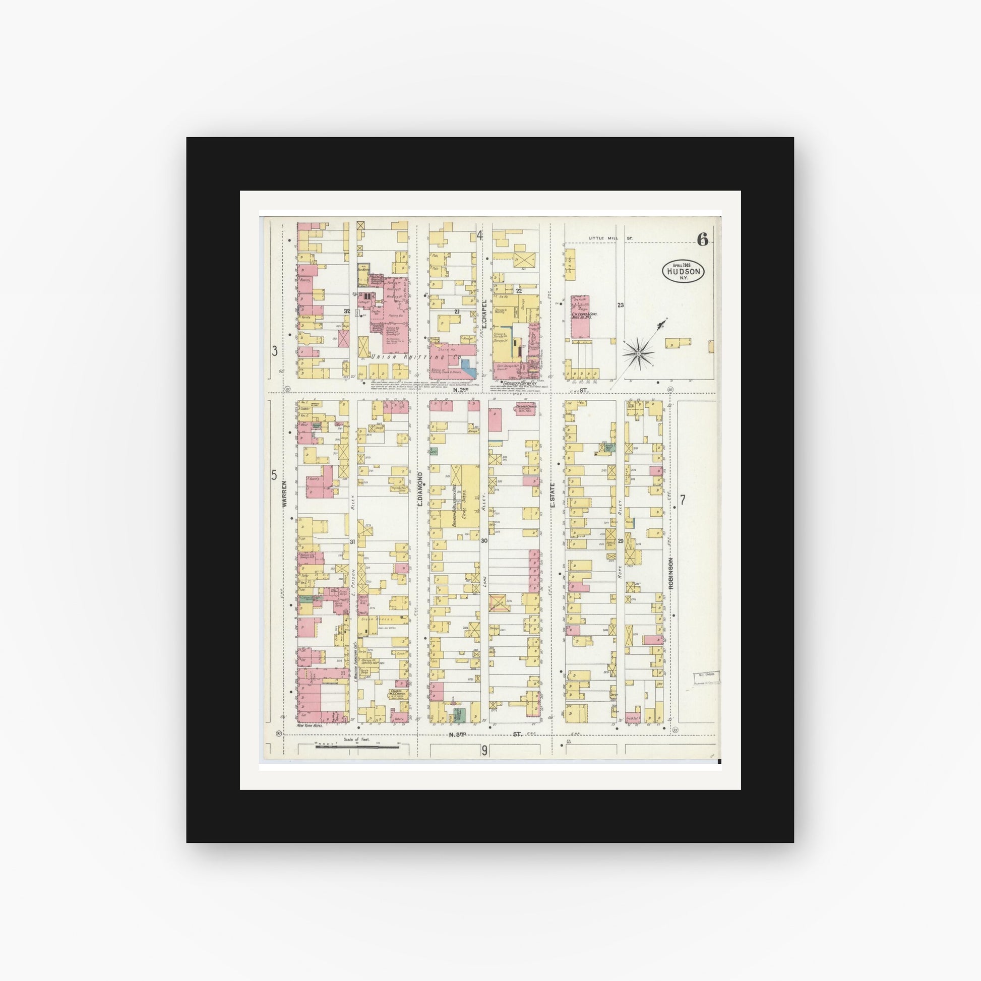Old map wall art mockup — black gallery frame with white mat — Sanborn Fire Insurance Map from Hudson, Columbia County, New York (1903), Sheet #0006