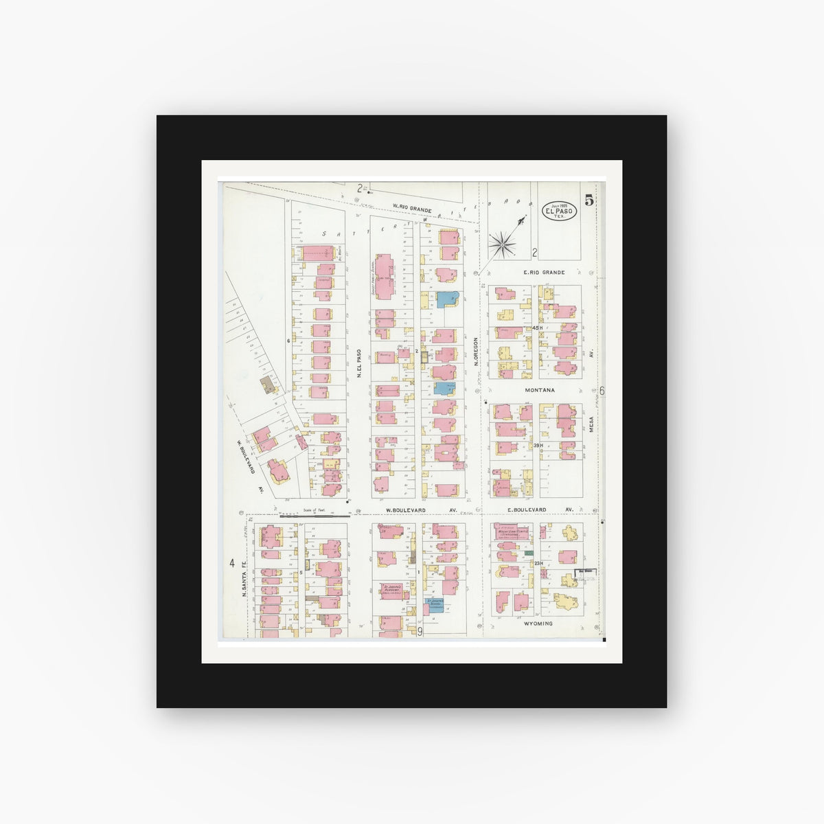 Old map wall art mockup — black gallery frame with white mat — Sanborn Fire Insurance Map from El Paso, El Paso County, Texas (1905), Sheet #0005