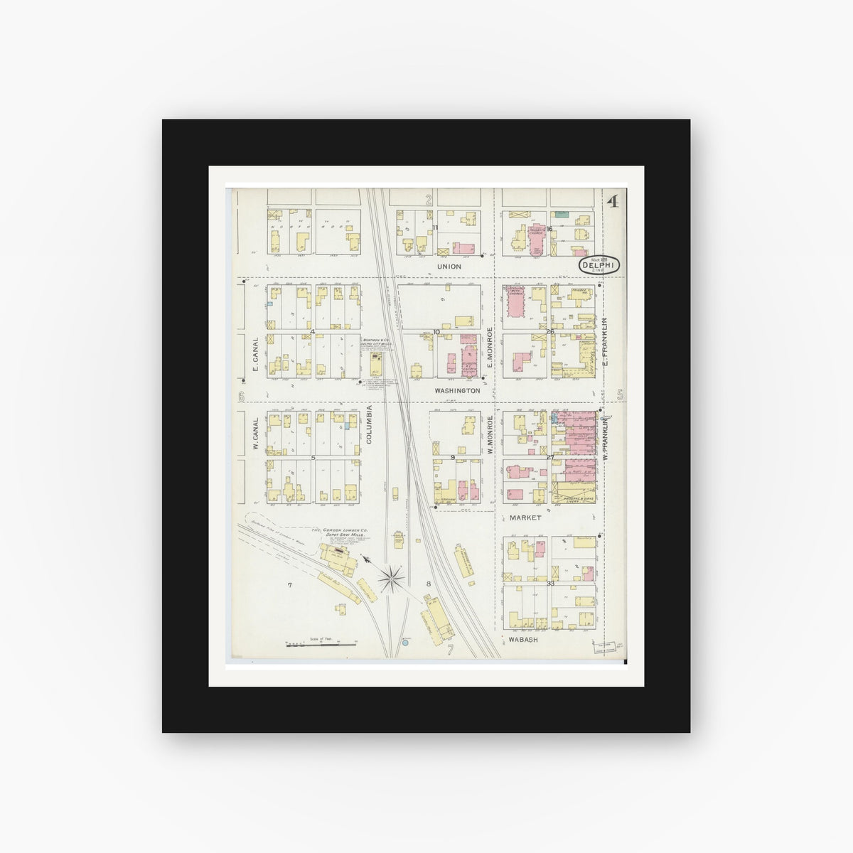Old map wall art mockup — black gallery frame with white mat — Sanborn Fire Insurance Map from Delphi, Carroll County, Indiana (1893), Sheet #0004