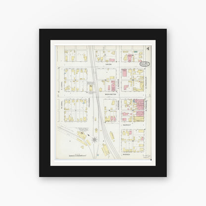 Old map wall art mockup — black gallery frame with white mat — Sanborn Fire Insurance Map from Delphi, Carroll County, Indiana (1893), Sheet #0004