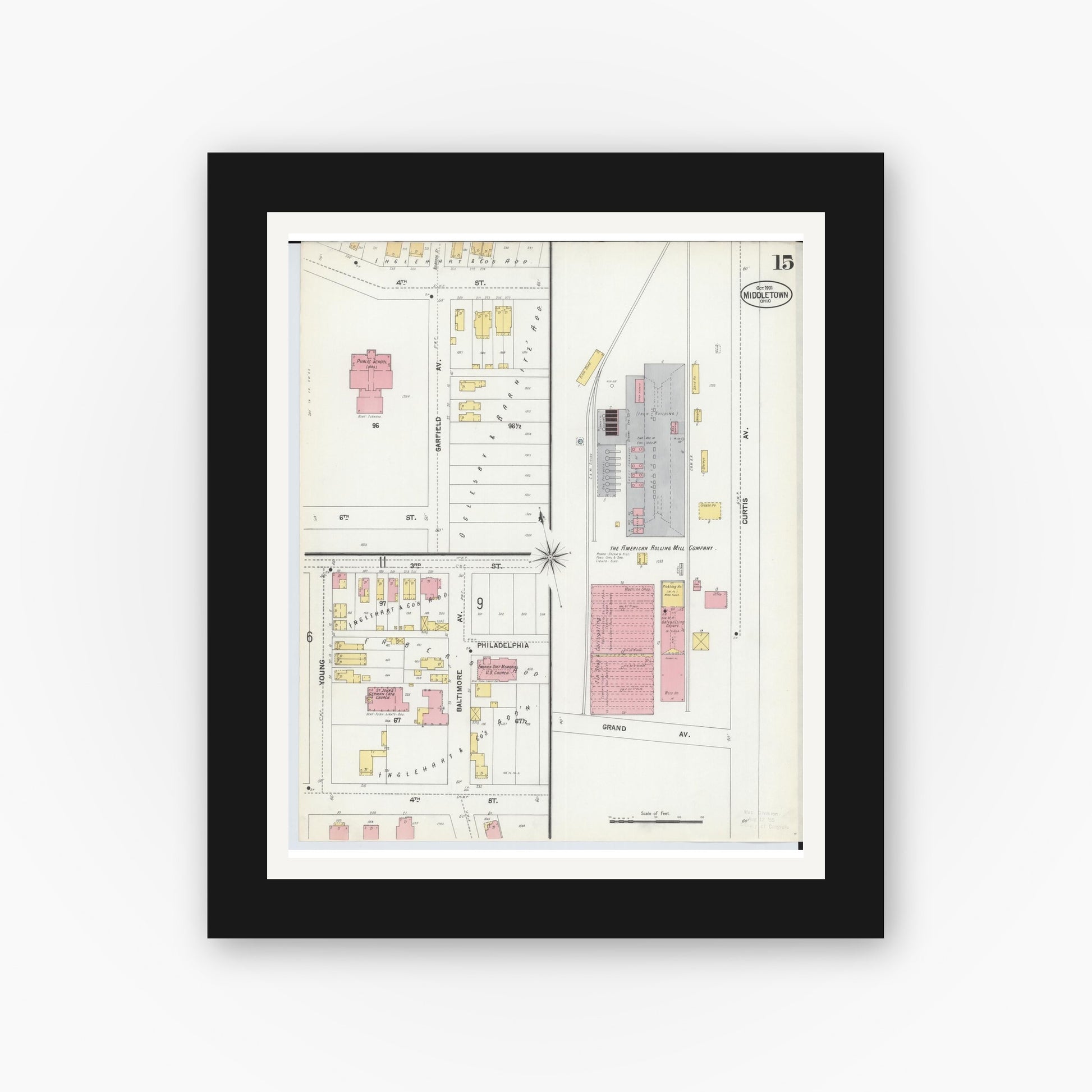 Old map wall art mockup — black gallery frame with white mat — Sanborn Fire Insurance Map from Middletown, Butler County, Ohio (1901), Sheet #0015