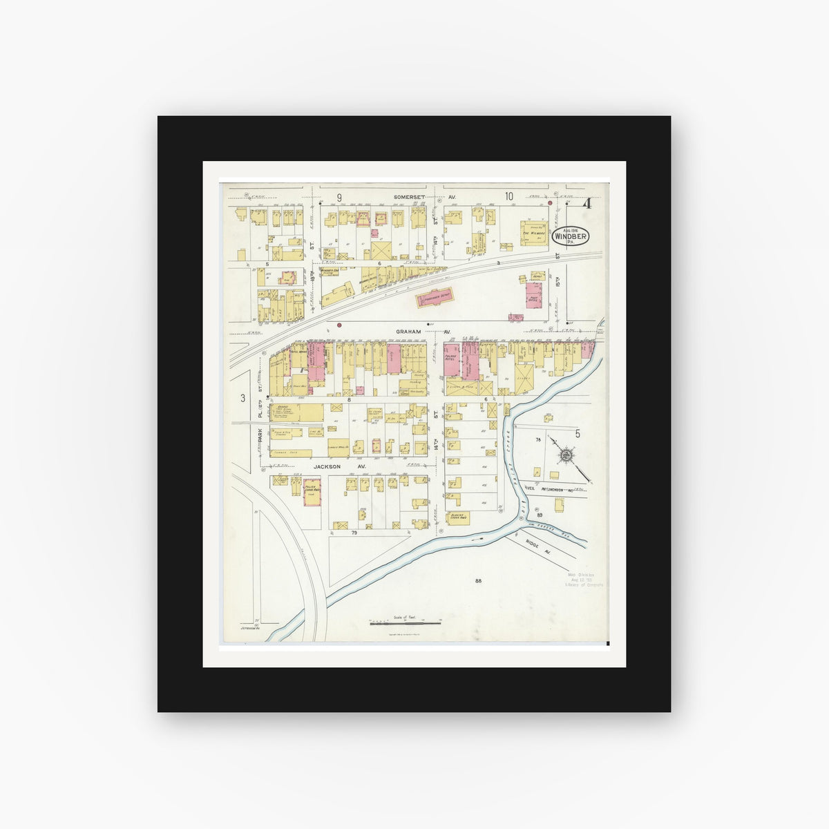 Old map wall art mockup — black gallery frame with white mat — Sanborn Fire Insurance Map from Windber, Somerset County, Pennsylvania (1916), Sheet #0004