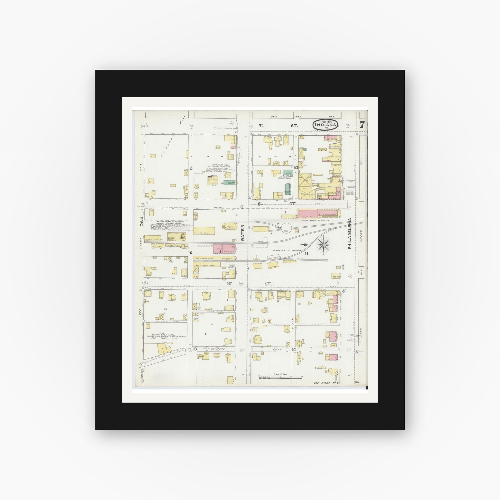 Old map wall art mockup — black gallery frame with white mat — Sanborn Fire Insurance Map from Indiana, Indiana County, Pennsylvania (1892), Sheet #0007