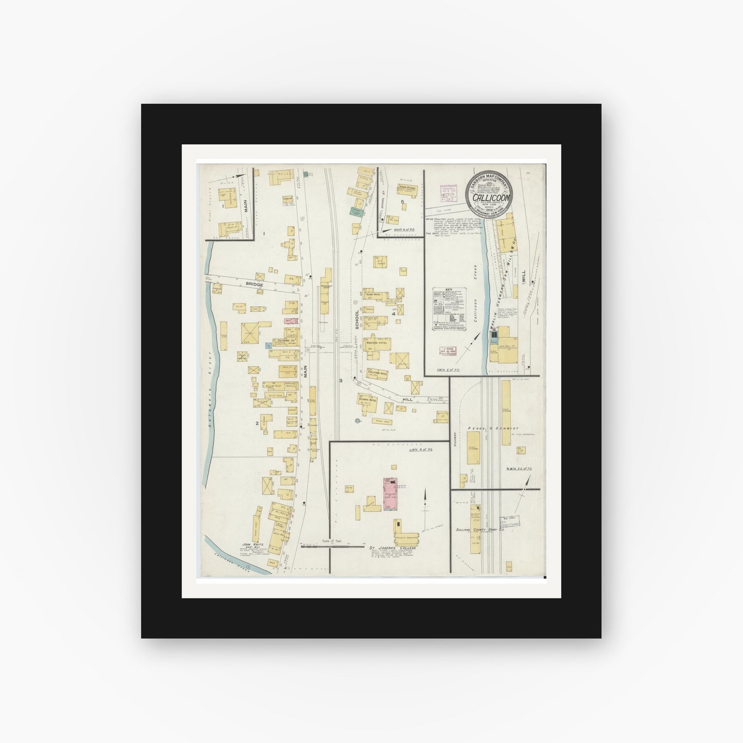 Old map wall art mockup — black gallery frame with white mat — Sanborn Fire Insurance Map from Callicoon, Sullivan County, New York (1908), Sheet #0001