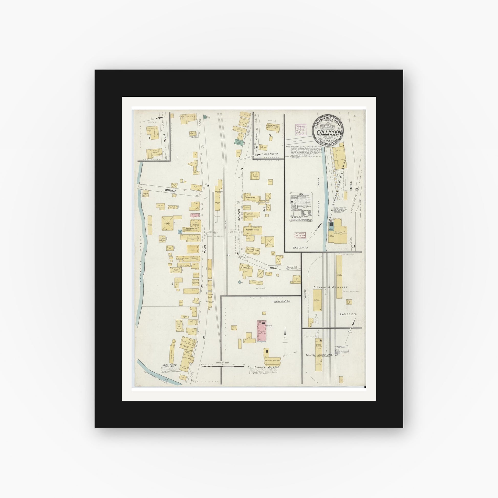 Old map wall art mockup — black gallery frame with white mat — Sanborn Fire Insurance Map from Callicoon, Sullivan County, New York (1908), Sheet #0001