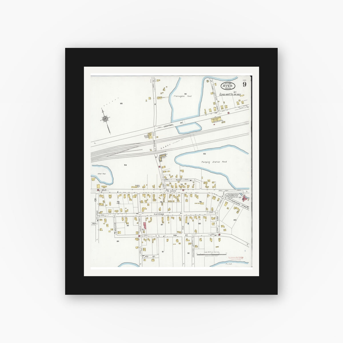Old map wall art mockup — black gallery frame with white mat — Sanborn Fire Insurance Map from Ayer, Middlesex County, Massachusetts (1921), Sheet #0009