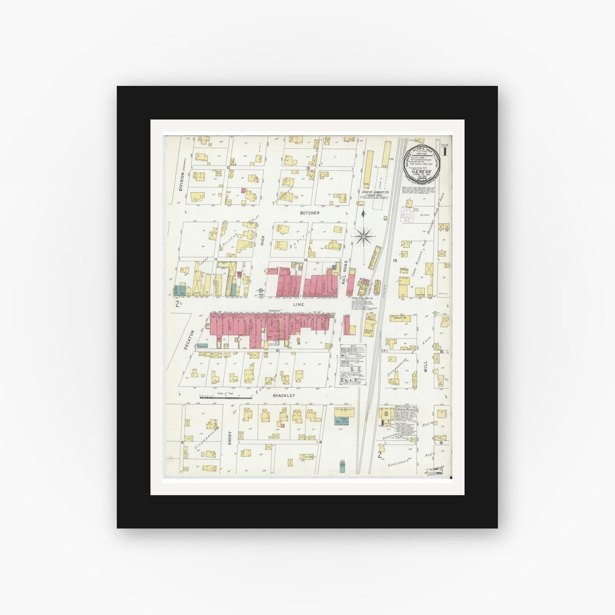 Old map wall art mockup — black gallery frame with white mat — Sanborn Fire Insurance Map from Geneva, Adams County, Indiana (1901), Sheet #0001