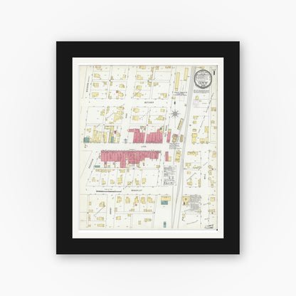 Old map wall art mockup — black gallery frame with white mat — Sanborn Fire Insurance Map from Geneva, Adams County, Indiana (1901), Sheet #0001