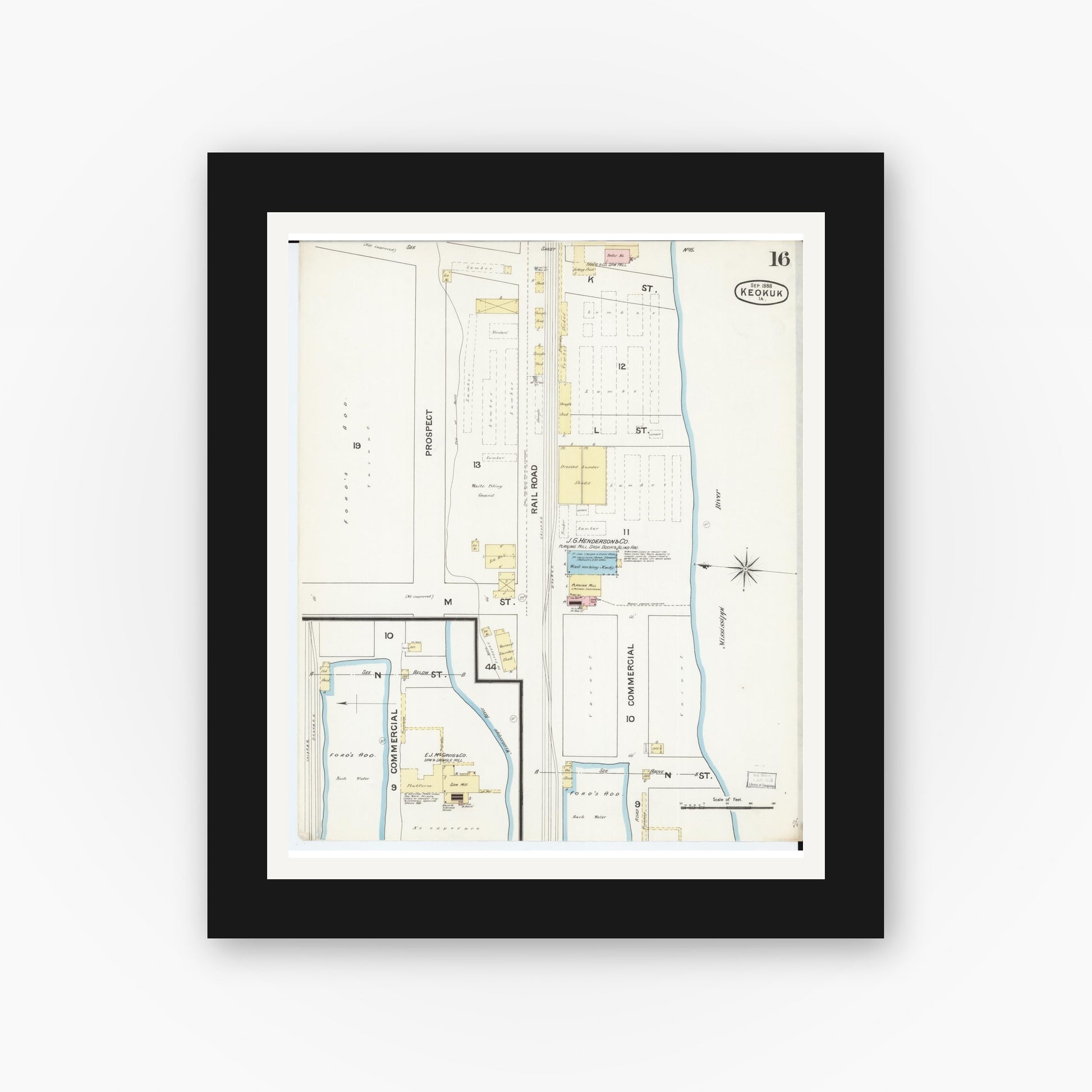 Old map wall art mockup — black gallery frame with white mat — Sanborn Fire Insurance Map from Keokuk, Lee County, Iowa (1888), Sheet #0016