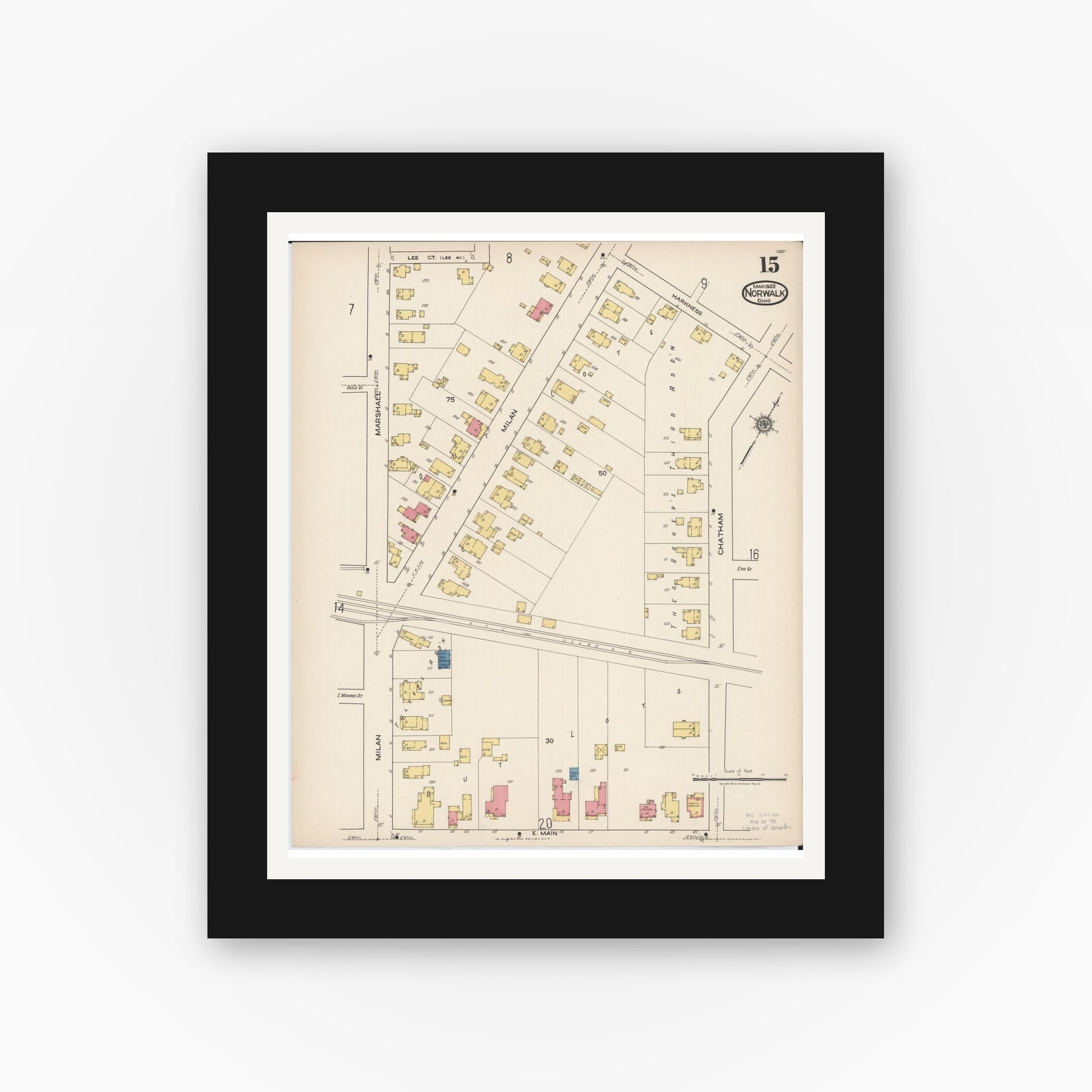 Old map wall art mockup — black gallery frame with white mat — Sanborn Fire Insurance Map from Norwalk, Huron County, Ohio (1922), Sheet #0015