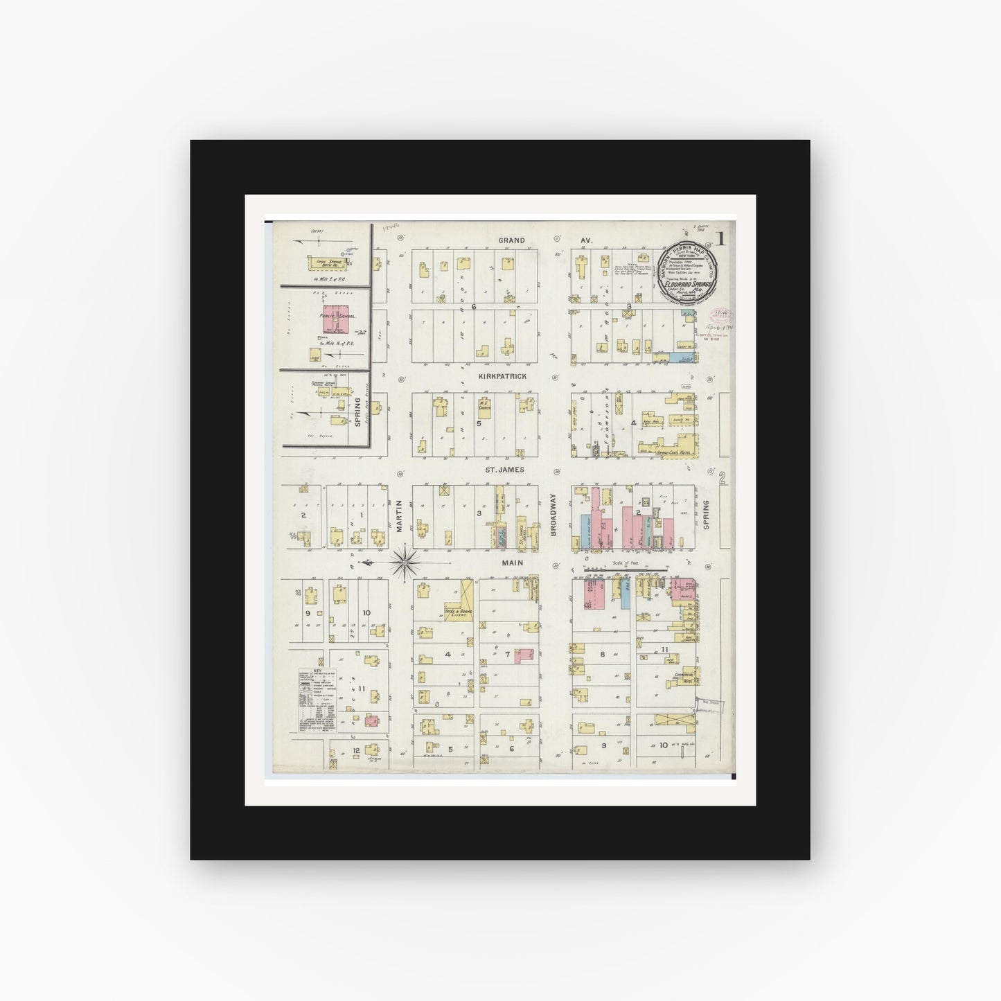 Old map wall art mockup — black gallery frame with white mat — Sanborn Fire Insurance Map from Eldorado Springs, Cedar County, Missouri (1894) - Complete Map Set