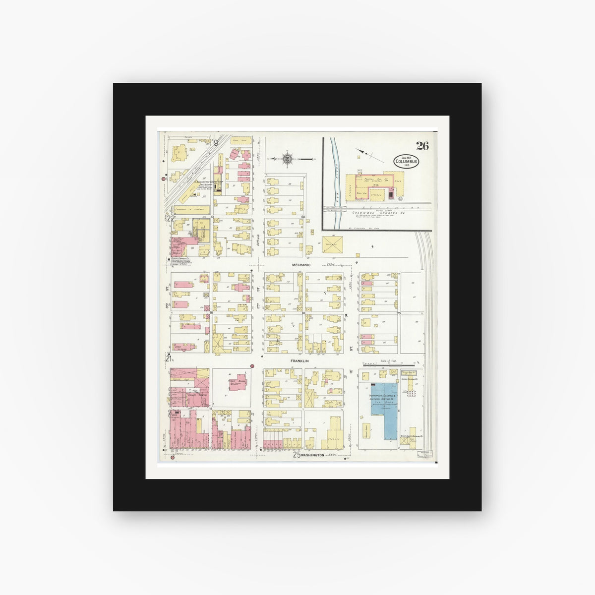 Old map wall art mockup — black gallery frame with white mat — Sanborn Fire Insurance Map from Columbus, Bartholomew County, Indiana (1912), Sheet #0026