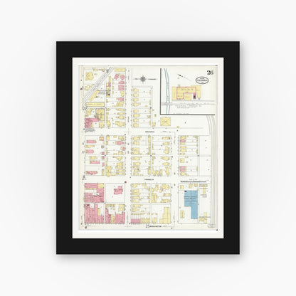 Old map wall art mockup — black gallery frame with white mat — Sanborn Fire Insurance Map from Columbus, Bartholomew County, Indiana (1912), Sheet #0026