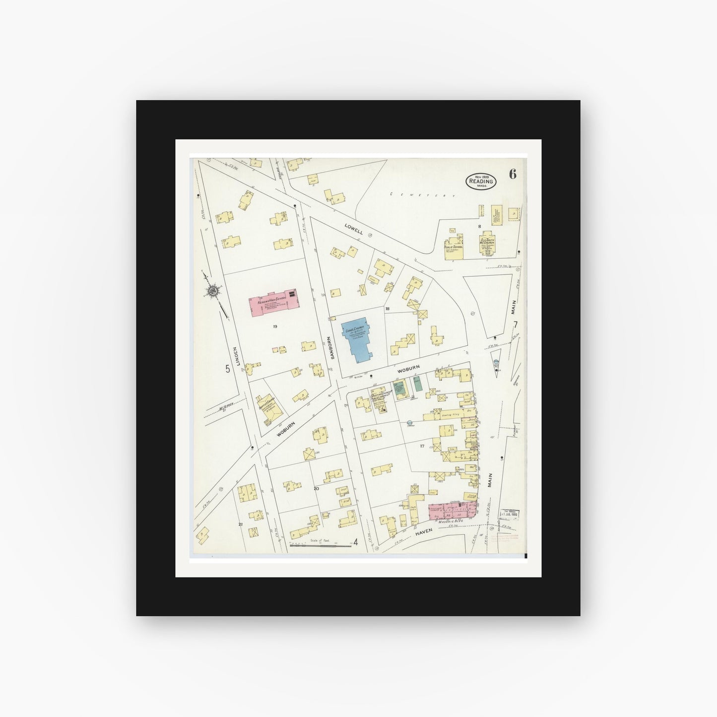 Old map wall art mockup — black gallery frame with white mat — Sanborn Fire Insurance Map from Reading, Middlesex County, Massachusetts (1909), Sheet #0006