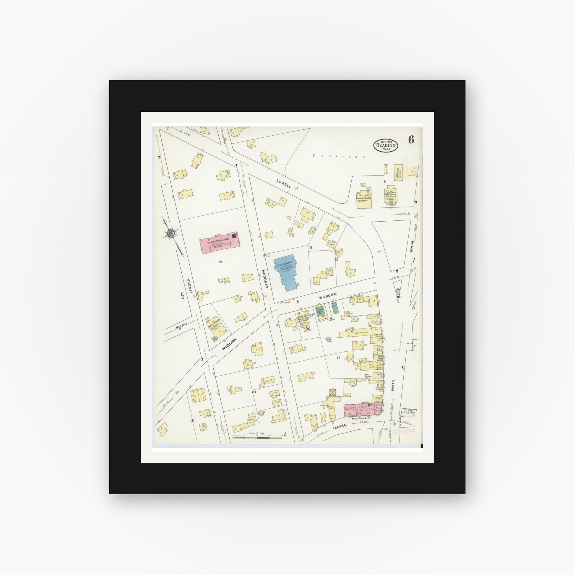 Old map wall art mockup — black gallery frame with white mat — Sanborn Fire Insurance Map from Reading, Middlesex County, Massachusetts (1909), Sheet #0006