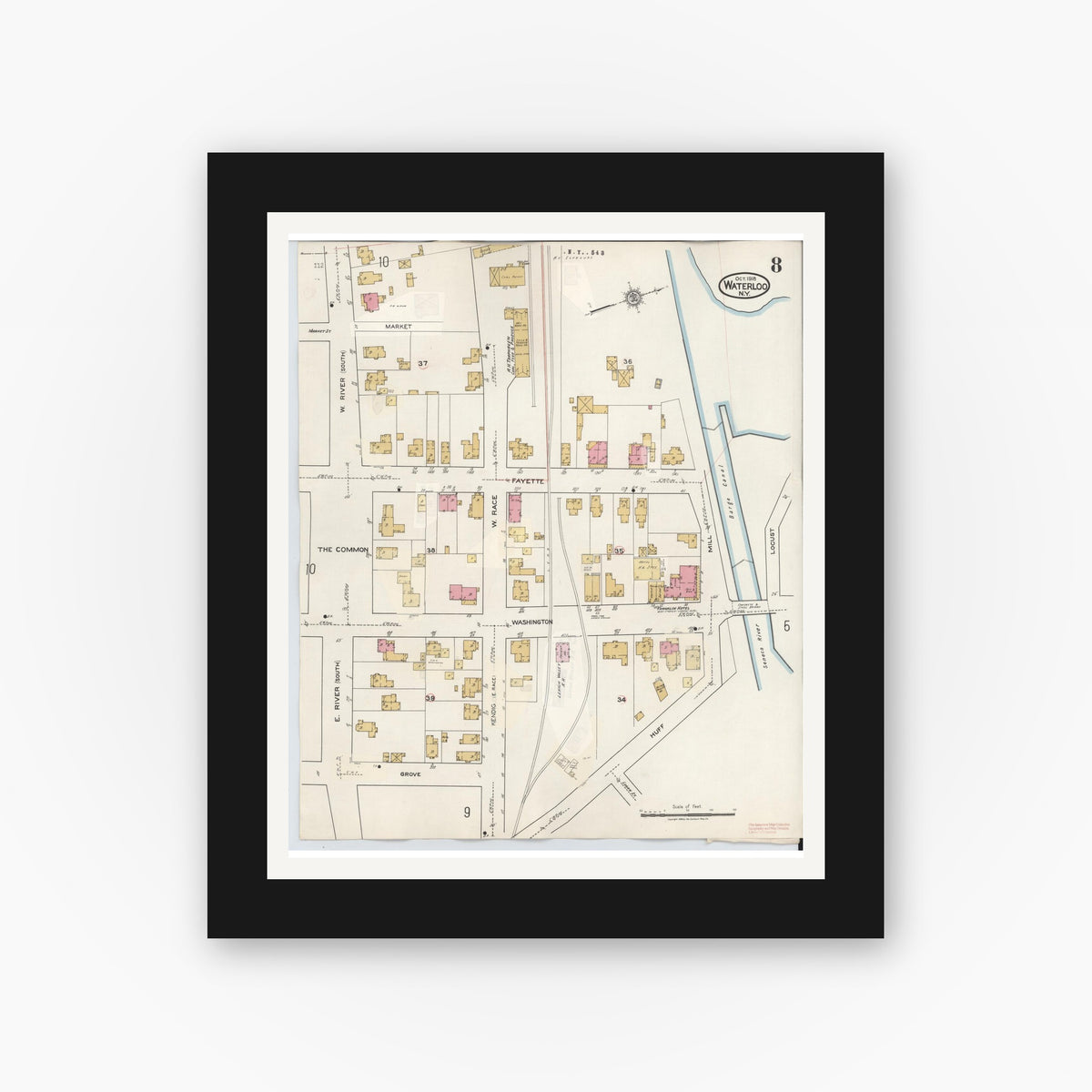 Old map wall art mockup — black gallery frame with white mat — Sanborn Fire Insurance Map from Waterloo, Seneca County, New York (1948), Sheet #0008