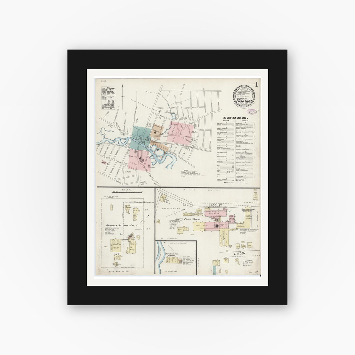 Old map wall art mockup — black gallery frame with white mat — Sanborn Fire Insurance Map from Medford, Middlesex County, Massachusetts (1887) - Complete Map Set