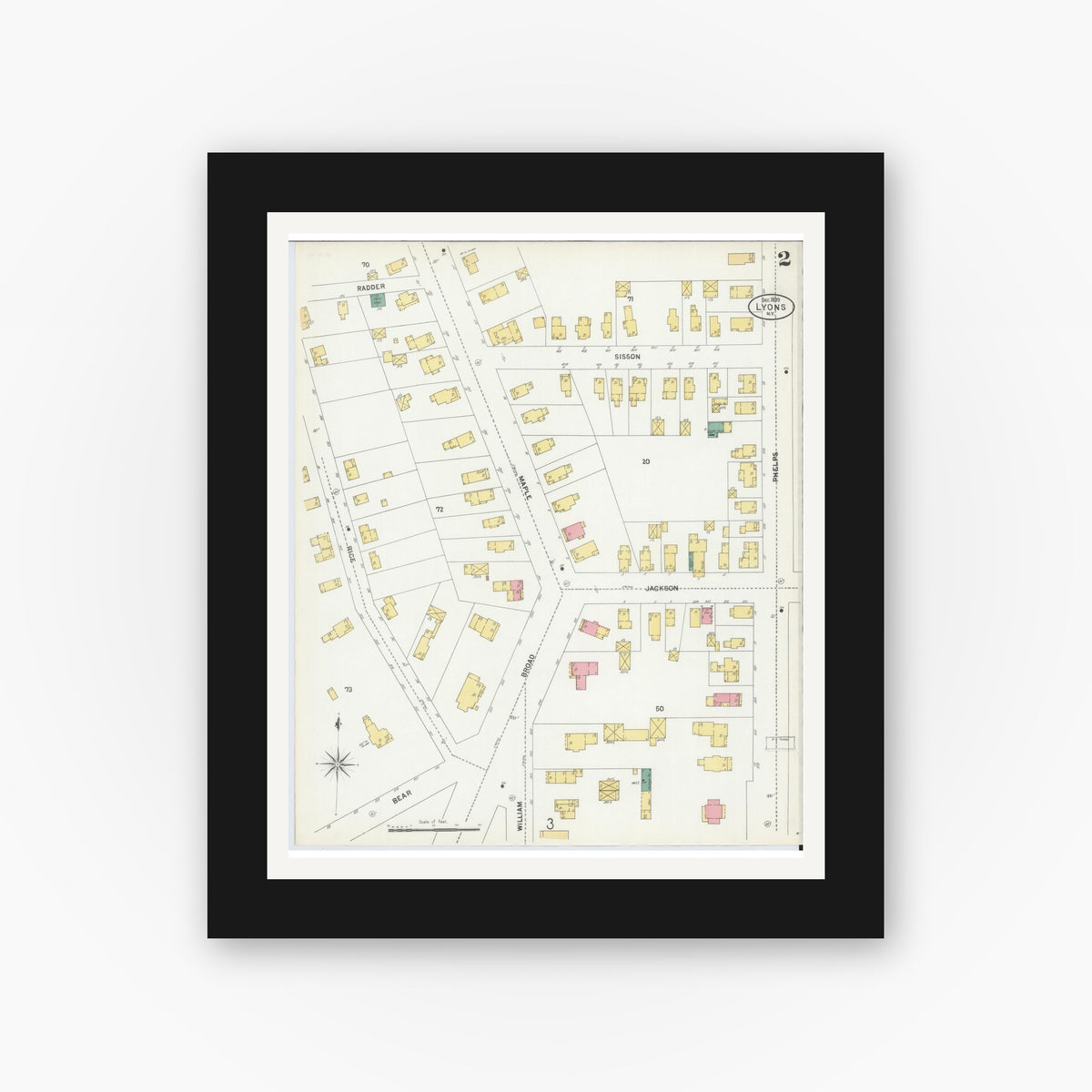 Old map wall art mockup — black gallery frame with white mat — Sanborn Fire Insurance Map from Lyons, Wayne County, New York (1899), Sheet #0002