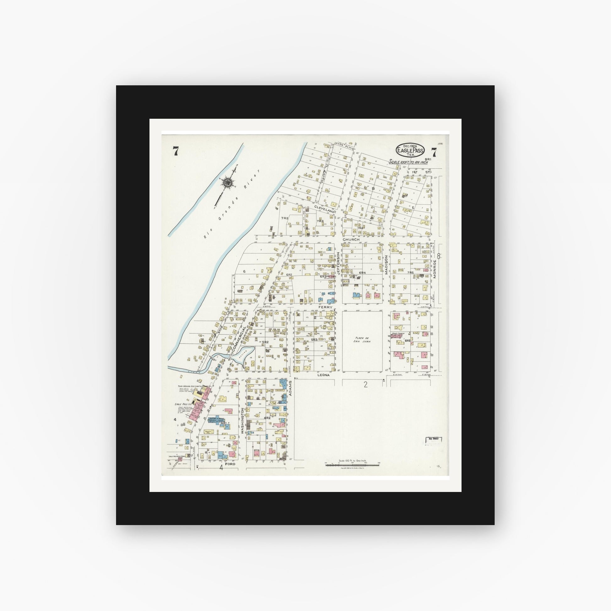 Old map wall art mockup — black gallery frame with white mat — Sanborn Fire Insurance Map from Eagle Pass, Maverick County, Texas (1924), Sheet #0007