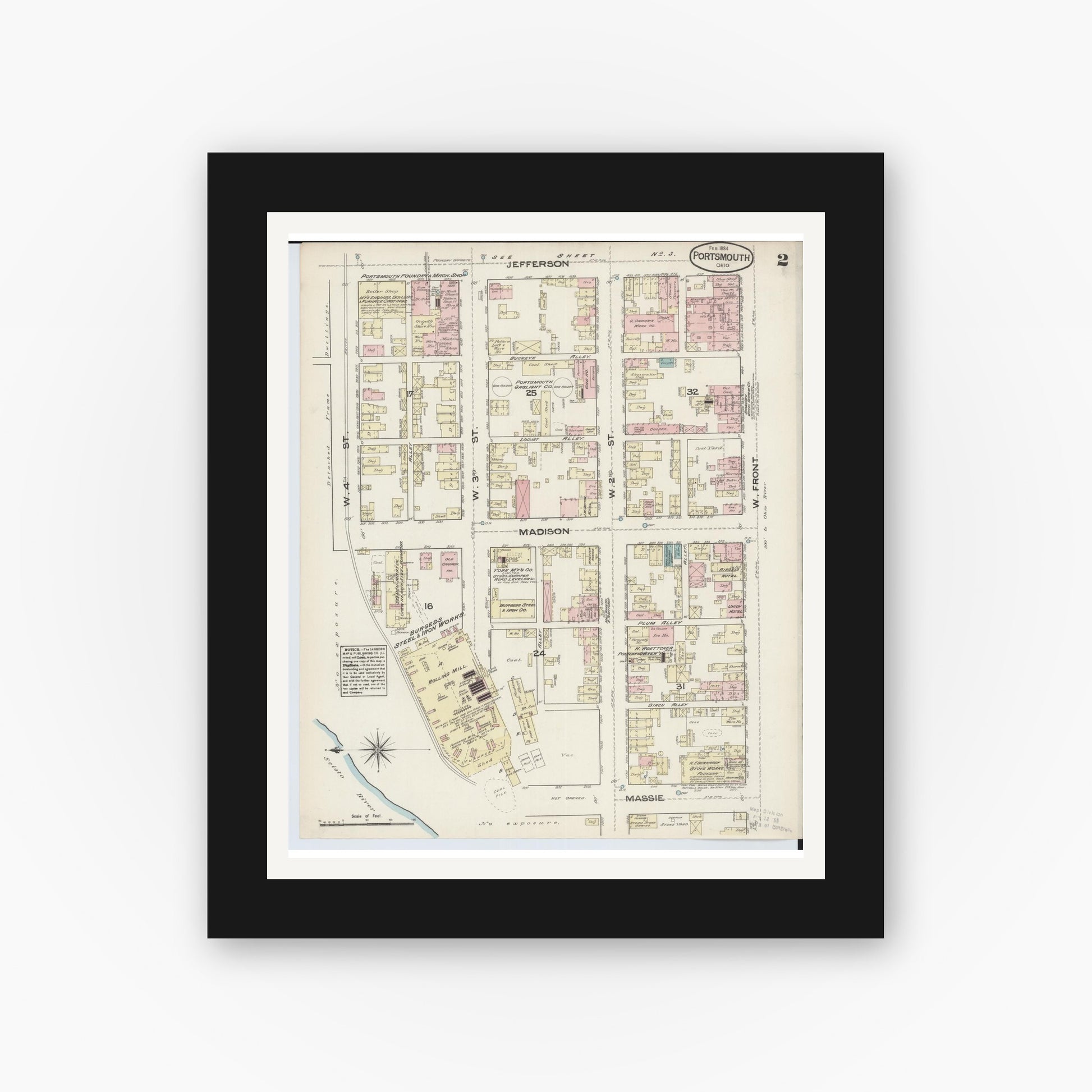 Old map wall art mockup — black gallery frame with white mat — Sanborn Fire Insurance Map from Portsmouth, Scioto County, Ohio (1884), Sheet #0002