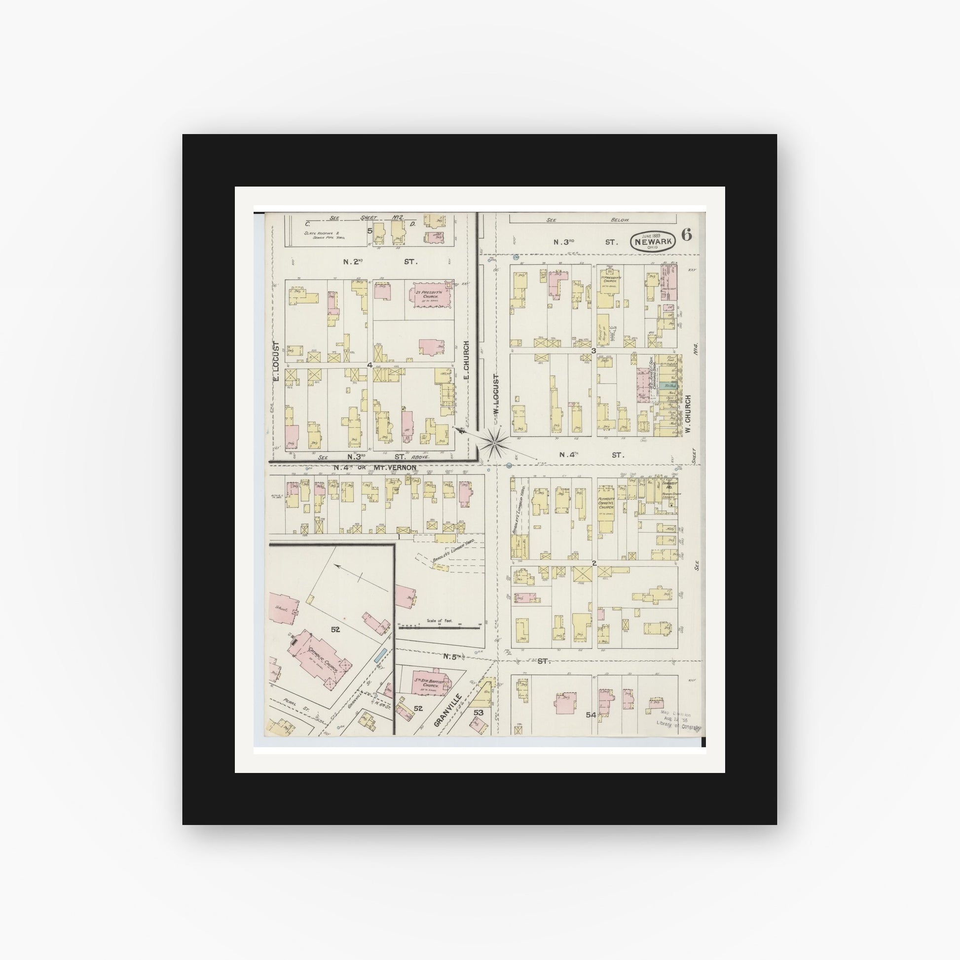 Old map wall art mockup — black gallery frame with white mat — Sanborn Fire Insurance Map from Newark, Licking County, Ohio (1889), Sheet #0006