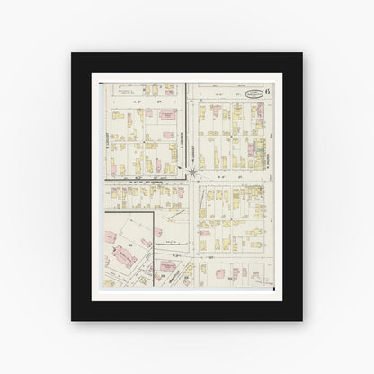 Old map wall art mockup — black gallery frame with white mat — Sanborn Fire Insurance Map from Newark, Licking County, Ohio (1889), Sheet #0006