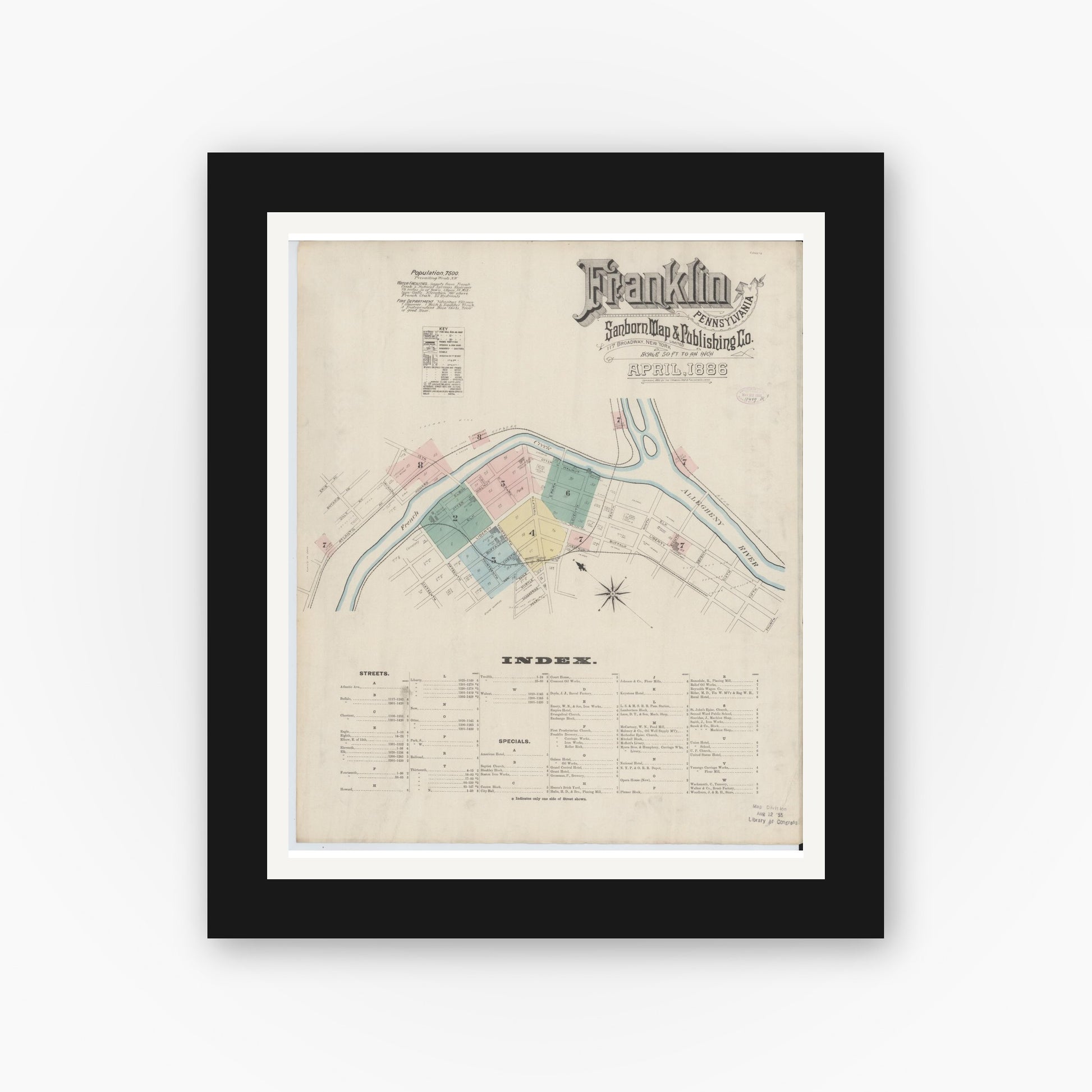 Old map wall art mockup — black gallery frame with white mat — Sanborn Fire Insurance Map from Franklin, Venango County, Pennsylvania (1888) - Complete Map Set