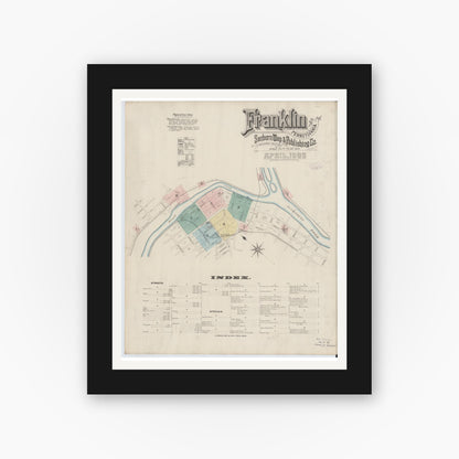 Old map wall art mockup — black gallery frame with white mat — Sanborn Fire Insurance Map from Franklin, Venango County, Pennsylvania (1888) - Complete Map Set