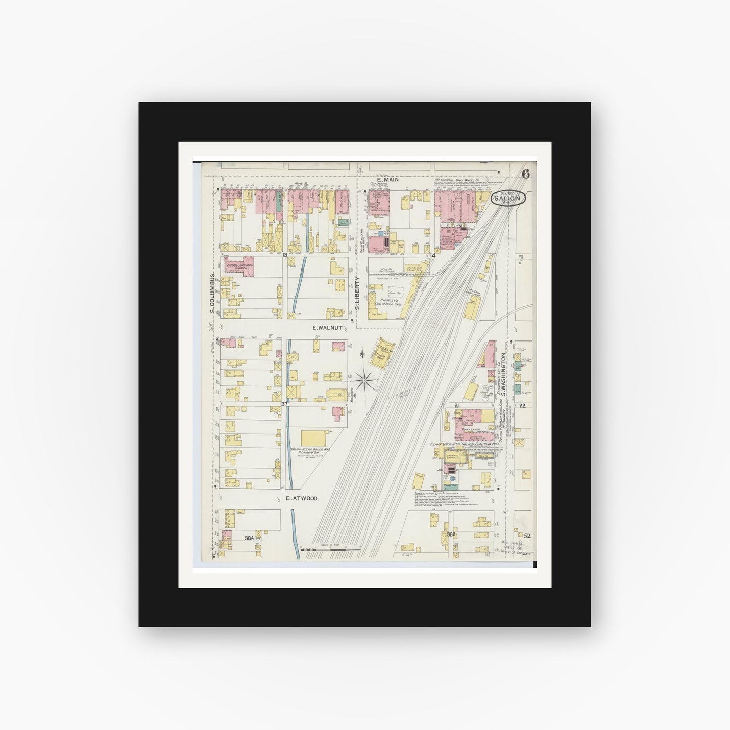 Old map wall art mockup — black gallery frame with white mat — Sanborn Fire Insurance Map from Galion, Crawford County, Ohio (1892), Sheet #0006